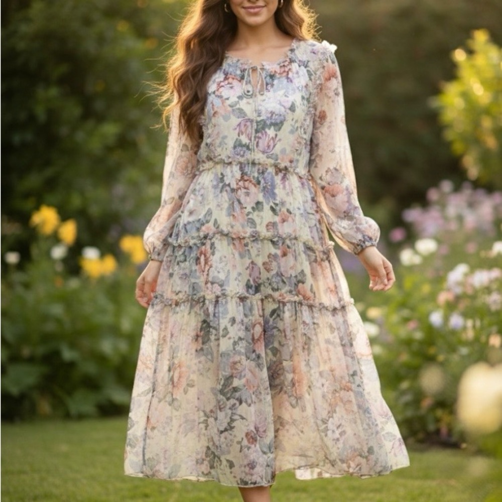 O.P.T Women Small Midi Dress Floral Tiered Ruffles Sheer Bohemian Spring Outfit